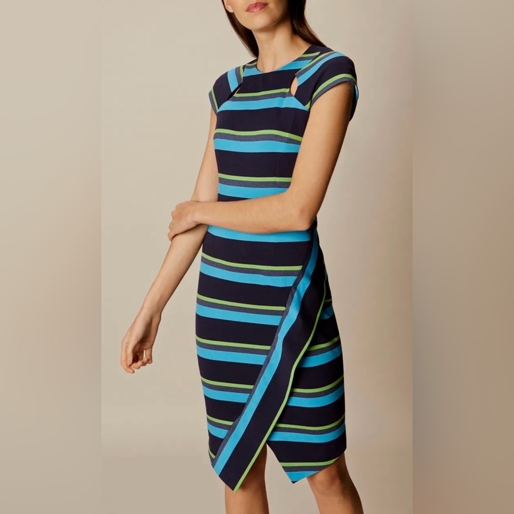 KAREN MILLEN Blue Green Striped Asymmetrical Hem Dress Size 6 VCUC